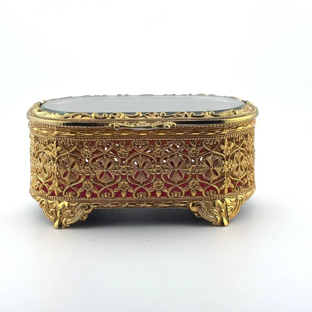 Vintage Mele Gold Filigree Casket Jewelry Box‎ Beveled Glass Japan